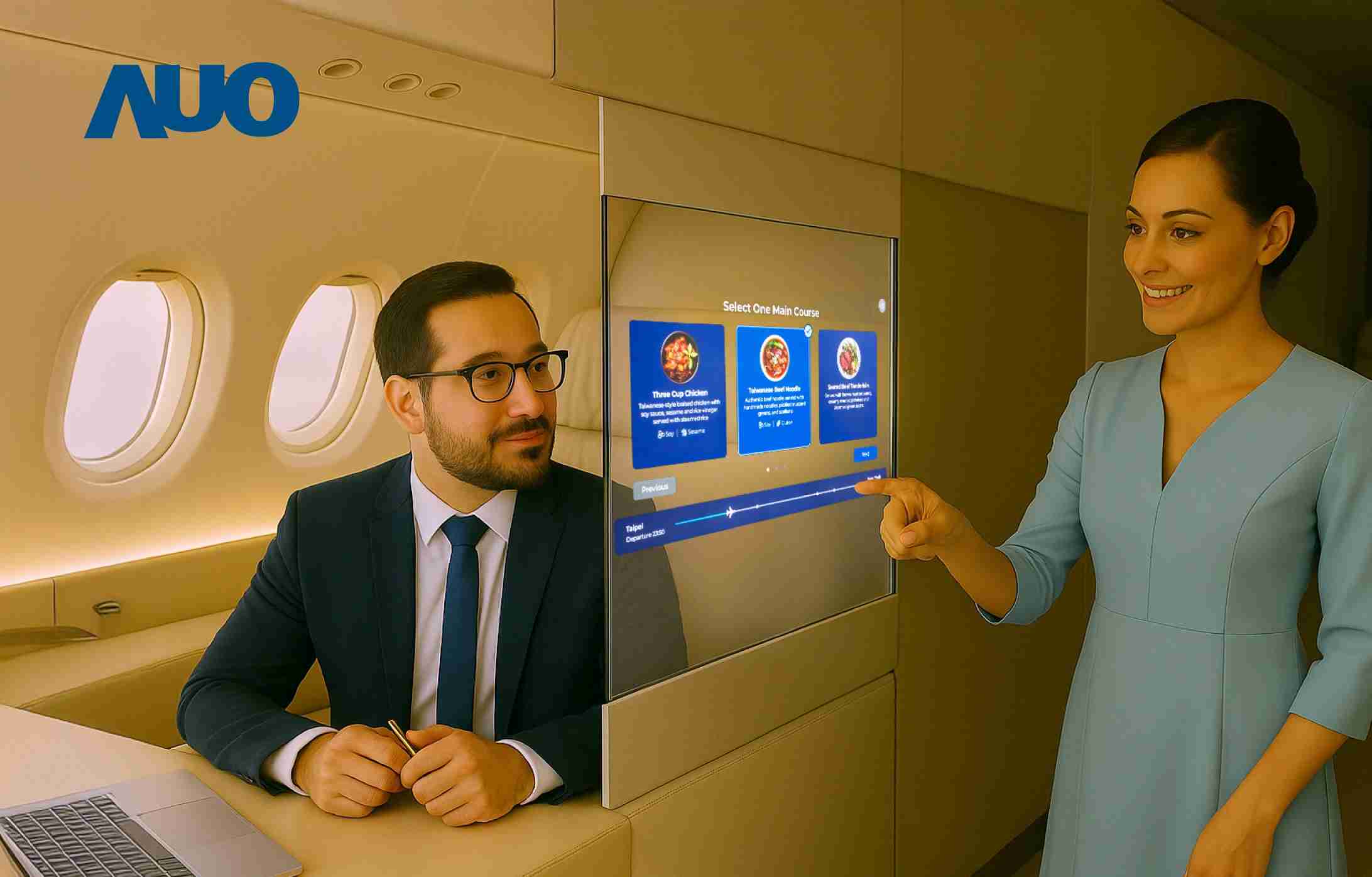 NG大舞台研发全球最薄17.3 吋双面透明 Micro LED 显示器，，，可在同一屏幕之双边投射不同信息，，，，创造独特的”透明化”互动；图为实时翻译交流应用情境